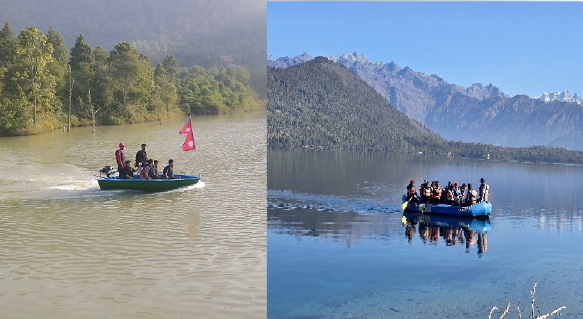 रमणीयस्थल रारा तालमा डुङ्गा सयर गरेर रमाउँदै पर्यटकहरु (तस्बिर)