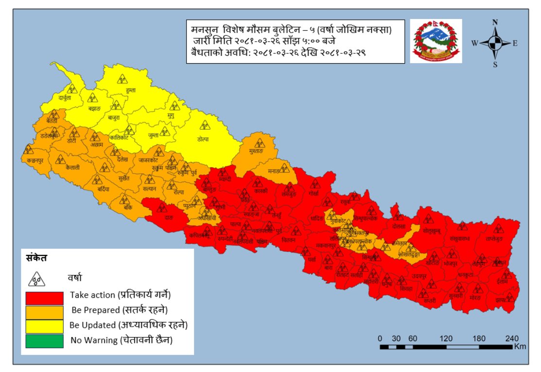 शनिबारसम्म नेपालमा मनसुन सक्रिय हुने, केही स्थानमा ‘अतिभारी वर्षा’ हुने