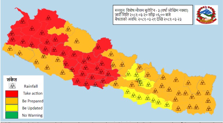 आगामी तीन दिन हल्कादेखि भारी वर्षाको सम्भावना,सतर्कता अपनाउन आग्रह
