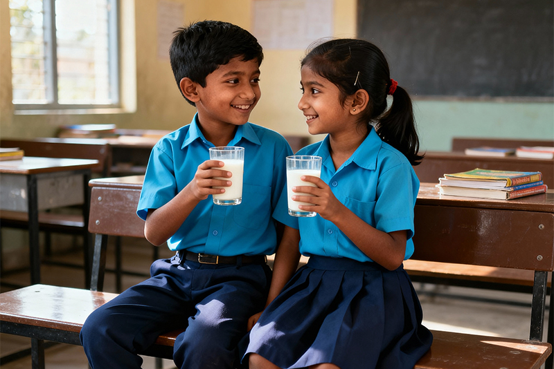 बालबालिकालाई विद्यालयमा दैनिक एक गिलास दूध वितरण