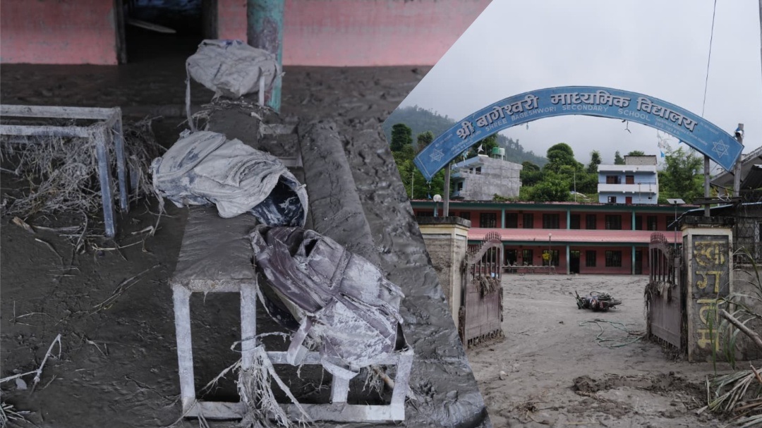 लेदोमा डुब्यो विद्यालय, कक्षामै छन् झोला [तस्वीरहरू]